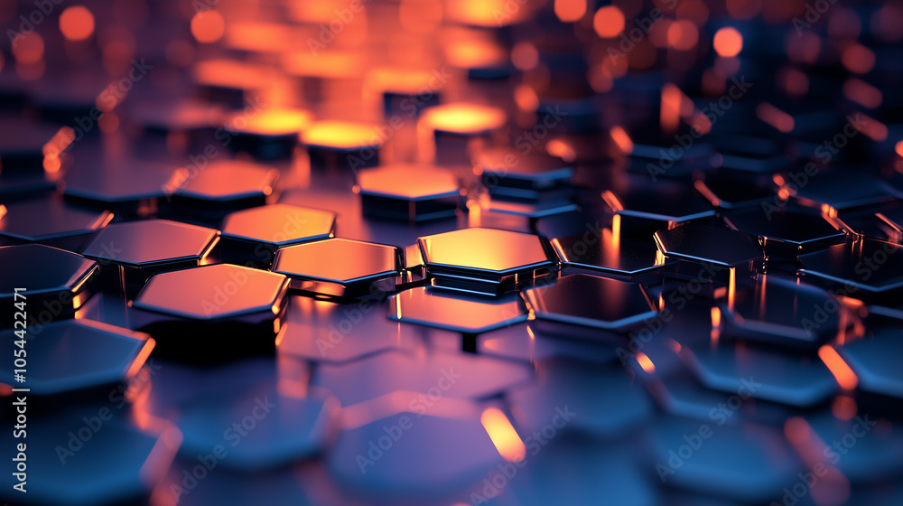 Fototapeta premium Abstract digital hexagon mesh with a smooth metallic finish and glowing edges