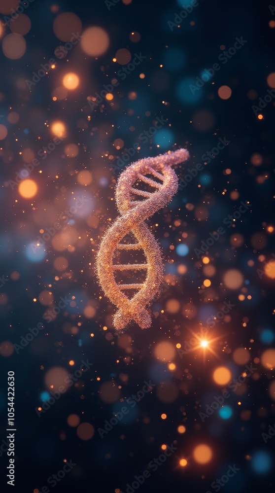 A glowing DNA helix floating in a sparkling galaxy background.