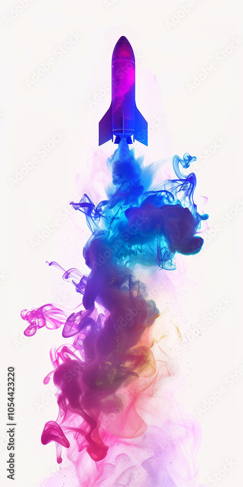 Obraz premium Vibrant rocket launching with abstract blue and purple smoke trails, creating a colorful, ethereal atmosphere