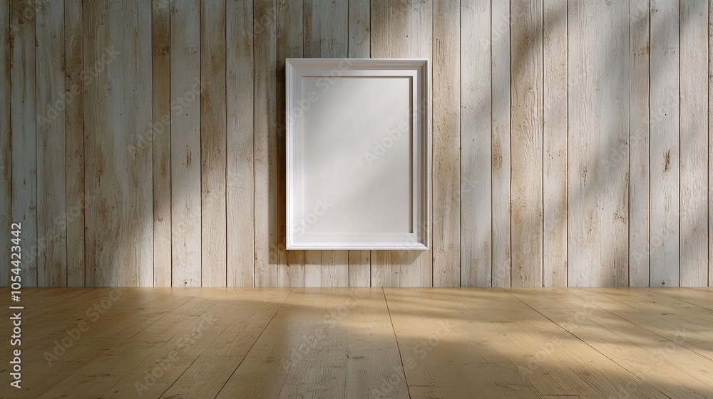 Rustic White Frame on Wood Panel Wall: A distressed, whitewashed frame on a warm wooden panel wall, blending farmhouse charm with a sense of modernity. Rustic White Frame on Wood Panel Wall: A distressed, whitewashed frame on a warm wooden panel wall, blending farmhouse charm with a sense of modernity.