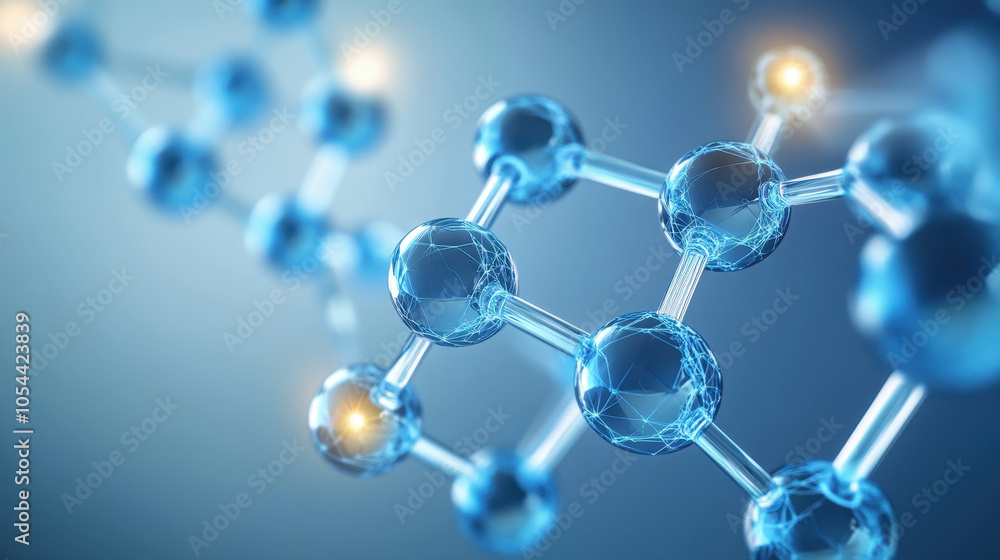 Blue molecular structure on a serene background, highlighting intricate bonds and scientific precision in design. Blue molecular structure on a serene background, highlighting intricate bonds and scientific precision in design.