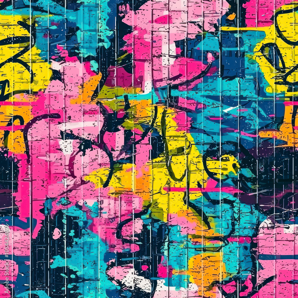 Fototapeta premium Vertical Abstract bright graffiti pattern. With bricks, paint drips, words in graffiti style.