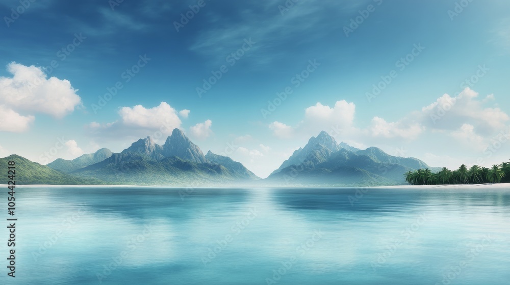 Tranquil lake reflecting misty mountains at dawn in a serene natural landscape Tranquil lake reflecting misty mountains at dawn in a serene natural landscape