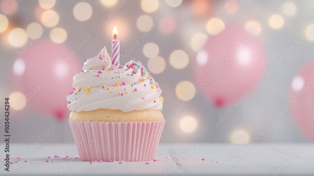A pink frosted cupcake with a lit candle stands out against a festive background of balloons A pink frosted cupcake with a lit candle stands out against a festive background of balloons