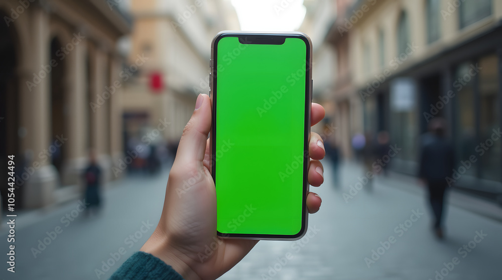 Hand holding smartphone with green screen on blurred background of street. Hand holding smartphone with green screen on blurred background of street.