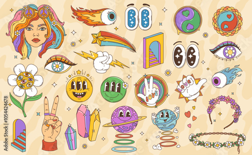 Cartoon retro groovy hippie characters and symbols. Vector psychedelic smile emojis, funky planet personages, hippy girl and peace signs. Daisy flower wreaths, trippy eyes and stairs, star, crystals