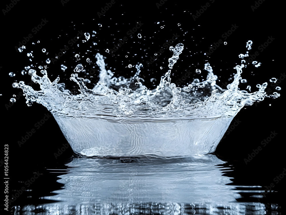 Artistic Water Splash with Vivid Droplets and Serene Reflections on a Black Background Artistic Water Splash with Vivid Droplets and Serene Reflections on a Black Background