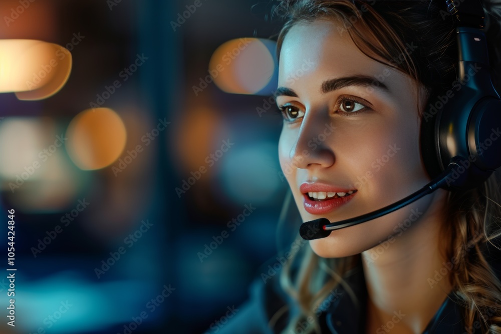 Telesales agent engaging with customers while wearing a wireless headset in a vibrant office setting during evening hours Telesales agent engaging with customers while wearing a wireless headset in a vibrant office setting during evening hours