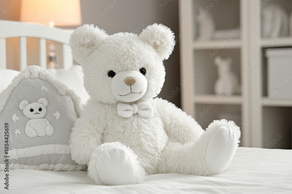 Soft plush teddy bear on a cozy white crib evoking comfort innocence and warmth in a peaceful nursery setting for relaxation and nurturing Soft plush teddy bear on a cozy white crib evoking comfort innocence and warmth in a peaceful nursery setting for relaxation and nurturing