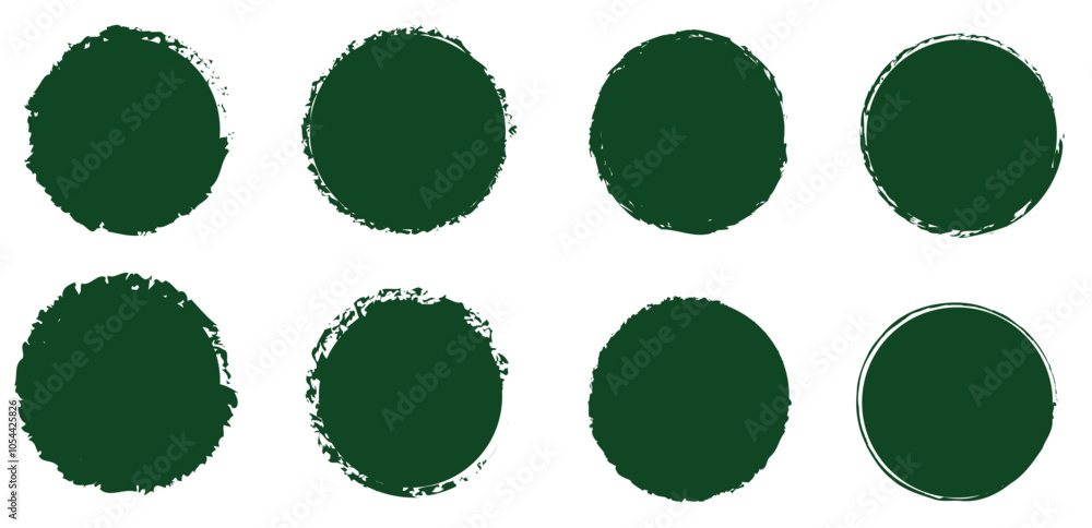 Set of textured circular strokes for design. Green textured circles: variations in geometry and texture for design. Set of textured circular strokes for design. Green textured circles: variations in geometry and texture for design.