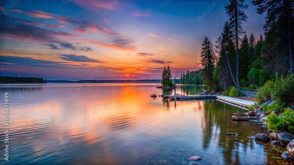 Fototapeta premium Serene Sunset Reflection on Calm Lake Water