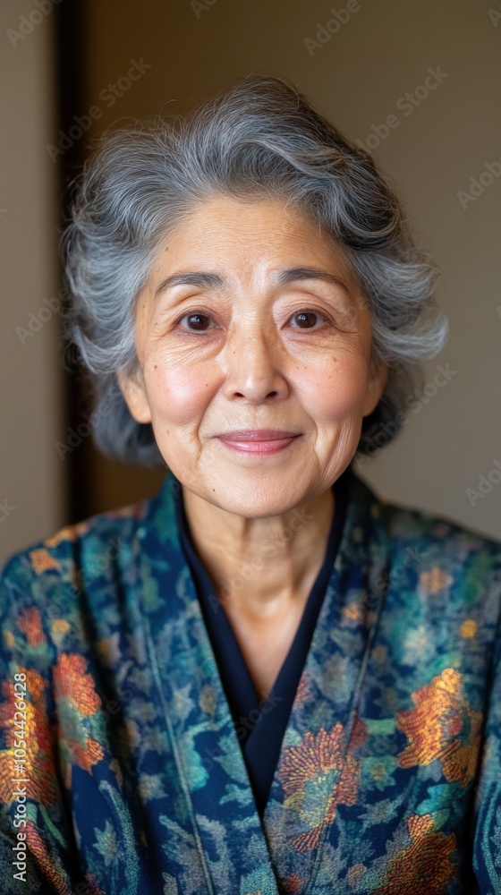 伝統的な着物を着た年配の日本人女性の温かく微笑むポートレート 伝統的な着物を着た年配の日本人女性の温かく微笑むポートレート