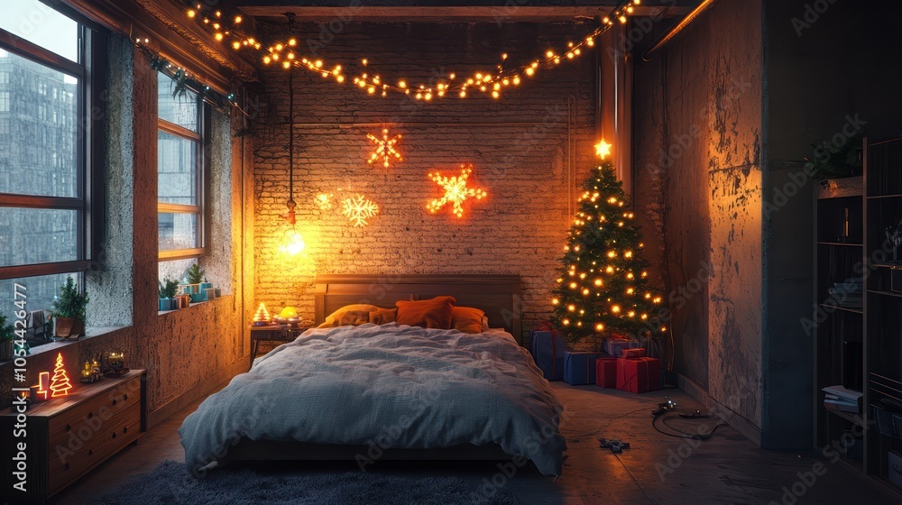 Modern loft-style bedroom with industrial decor, Christmas lights strung across the ceiling, and a small glowing tree Modern loft-style bedroom with industrial decor, Christmas lights strung across the ceiling, and a small glowing tree
