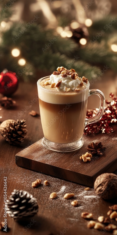 Coffee with cream and nuts served in a cozy setting during winter Coffee with cream and nuts served in a cozy setting during winter