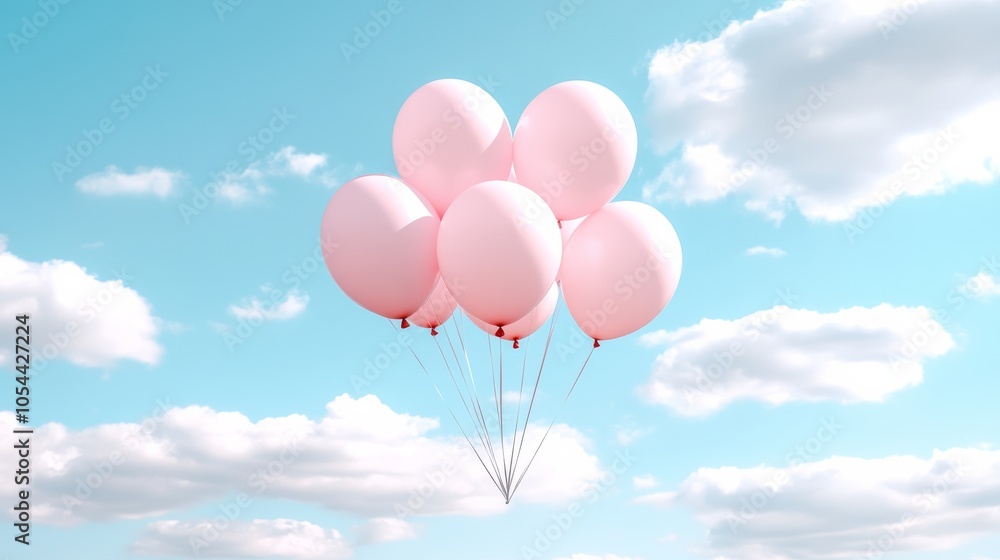 A group of pink balloons floats in a bright blue sky with fluffy clouds, symbolizing freedom, celebration, and joy in a lighthearted scene.. A group of pink balloons floats in a bright blue sky with fluffy clouds, symbolizing freedom, celebration, and joy in a lighthearted scene..