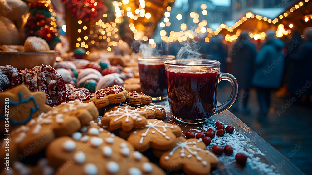 A vibrant photography capturing the rich colors and textures of holiday treats at a Christmas market, including gingerbread cookies, roasted chestnuts, and steaming mugs of mulled wine.