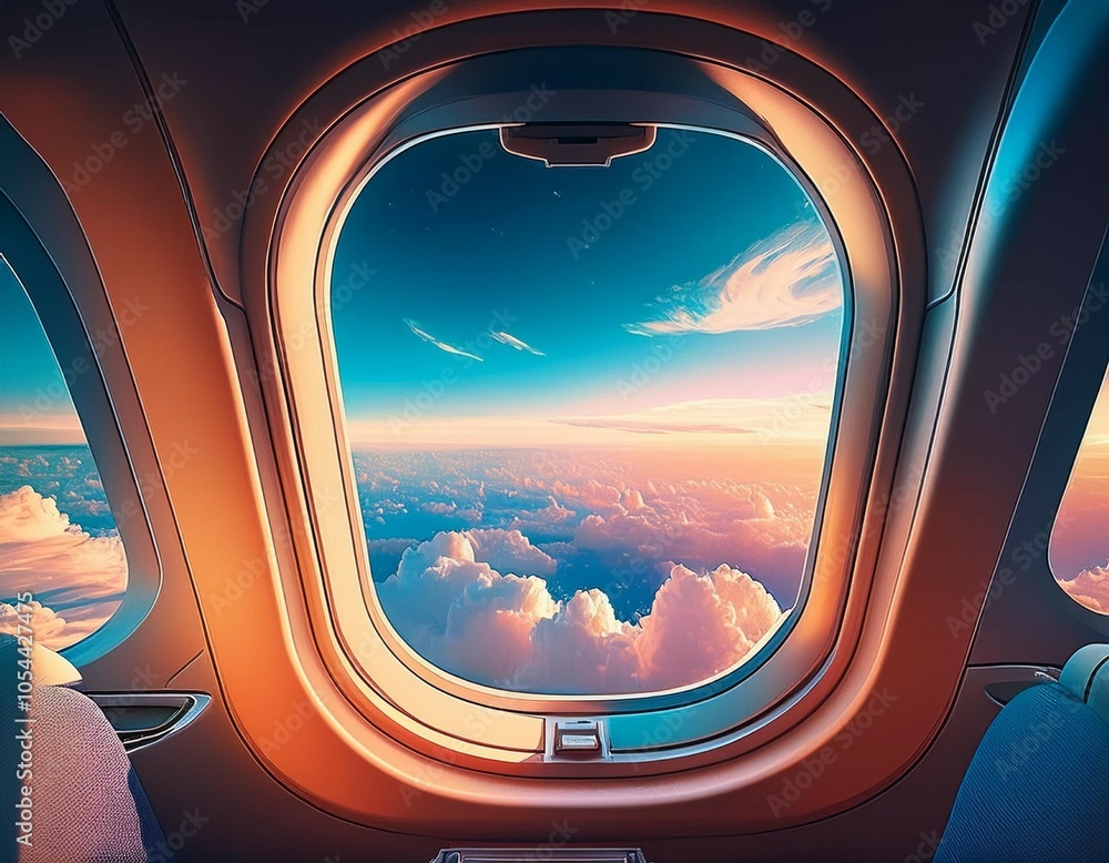 airplane interior or jet window with clouds and sky airplane interior or jet window with clouds and sky