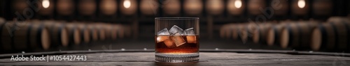 Whiskey glass with ice in a distillery during early evening hours photo