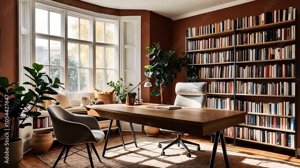 Cozy Home Library with Extensive Bookshelves and Sunlit Desk Cozy Home Library with Extensive Bookshelves and Sunlit Desk
