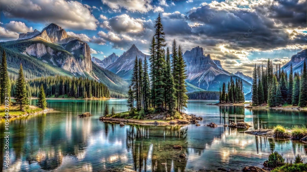 Fototapeta premium Mountain Lake Serenity with Cloudy Sky and Reflection