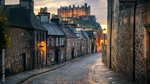 A cobblestone street winds its way up to Edinburgh Castle in the early evening