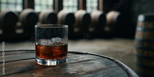 A whiskey glass with ice sits on a barrel in a distillery