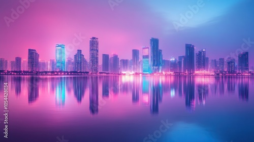 A vibrant city skyline at night with neon lights reflected in the water.