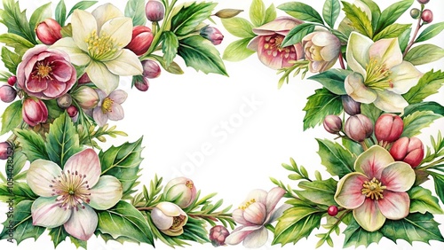 Watercolor floral frame of hellebores and holly from a high angle