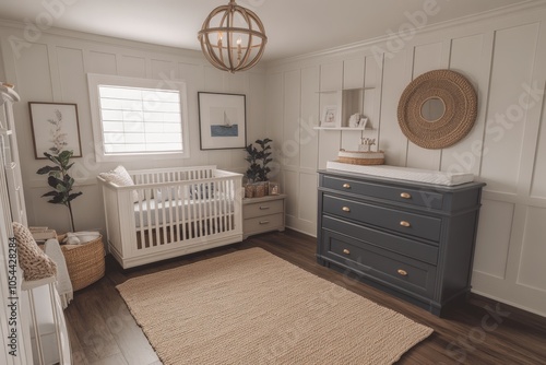 Cozy nursery with white and wooden decor natural elements and soft lighting creating a warm inviting space perfect for relaxation sleep and family bonding