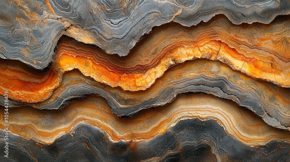Close-up of a slice of banded agate with swirling patterns of black, brown, and yellow Close-up of a slice of banded agate with swirling patterns of black, brown, and yellow