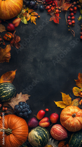 Happy Thanksgiving banner with pumpkins and autumn leaves vertical frame for instagram story, reel or tiktok background