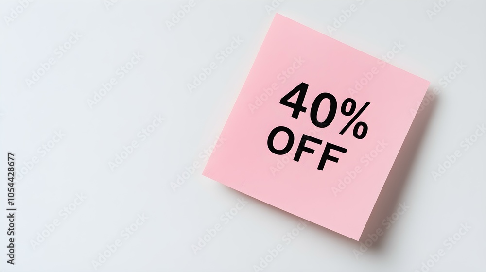 Black '40% OFF' Text on a Light Pink Square Paper Note. White Background with Copy Space Black '40% OFF' Text on a Light Pink Square Paper Note. White Background with Copy Space