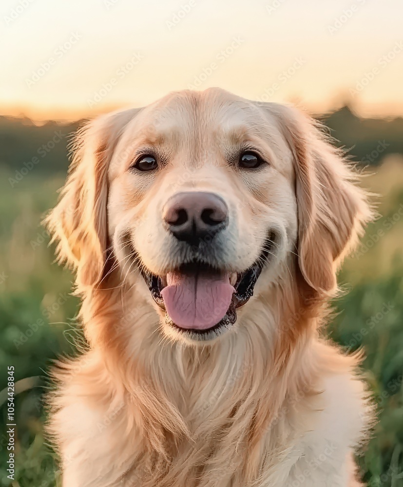 Happy golden retriever smiling in a sunny field at sunset Happy golden retriever smiling in a sunny field at sunset