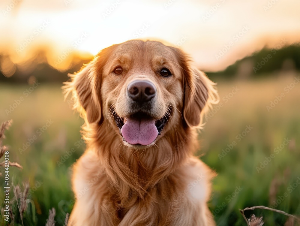 Playful golden retriever enjoying a sunset moment in the field Playful golden retriever enjoying a sunset moment in the field