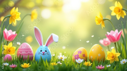 Easter background, include colorful decorated Easter eggs with bunny ears, spring flowers (tulips and daffodils). copy space in the middle, horizontal