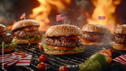 Juicy Grilled Burgers with American Flag on BBQ Flames , AI GENERAT photo