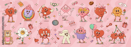 Retro cartoon valentine day groovy characters. Heart, coffee cup, envelope and gift box. Cookie, teddy bear, flower and cupcake with glove and kissing cherries. Isolated vector psychedelic personages