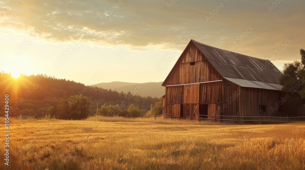 Traditional wooden barn in a rural setting during a golden sunset Traditional wooden barn in a rural setting during a golden sunset