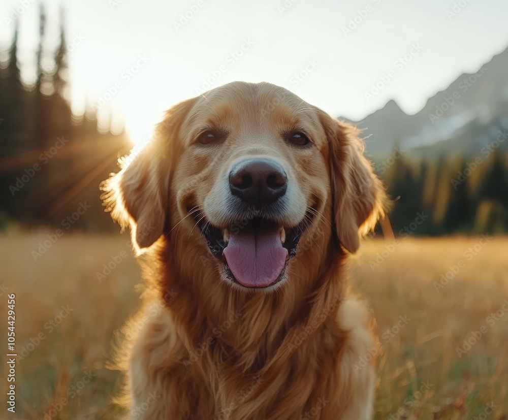 Golden retriever happily poses in a sunlit meadow at sunset Golden retriever happily poses in a sunlit meadow at sunset