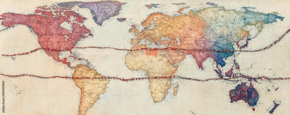 Naklejka premium Artistic world map with colorful regions on a textured background.
