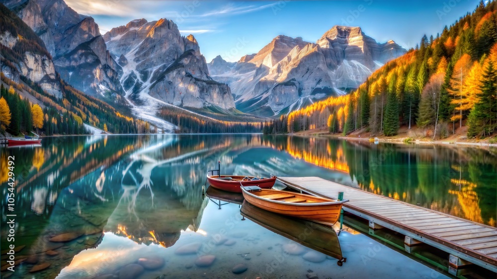 Serene Mountain Lake with Boats and Autumn Colors Serene Mountain Lake with Boats and Autumn Colors