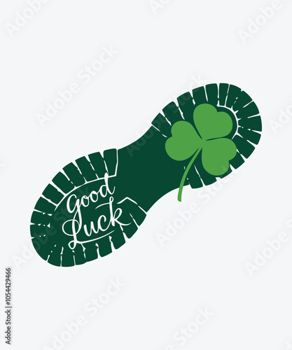 Four Leaf Clover With Hiking Boot Print, Good Luck, Vector Silhouette Art Illustration.