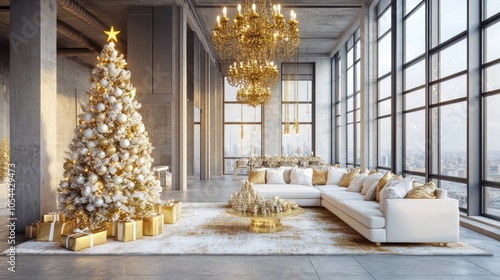 Spacious living room with a gold and white themed Christmas tree, golden chandeliers, white sofa, and large windows