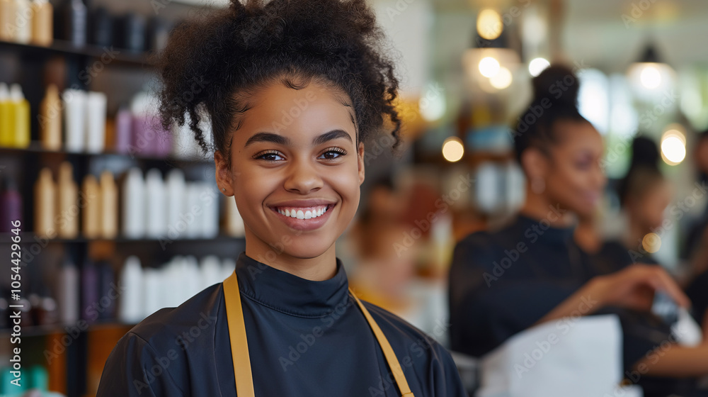 Naklejka premium Happy African American Hair Salon Stylist with Smiling Face, Students, Interns, College, Working Specialty
