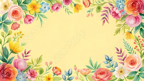 Watercolor floral frame with yellow background