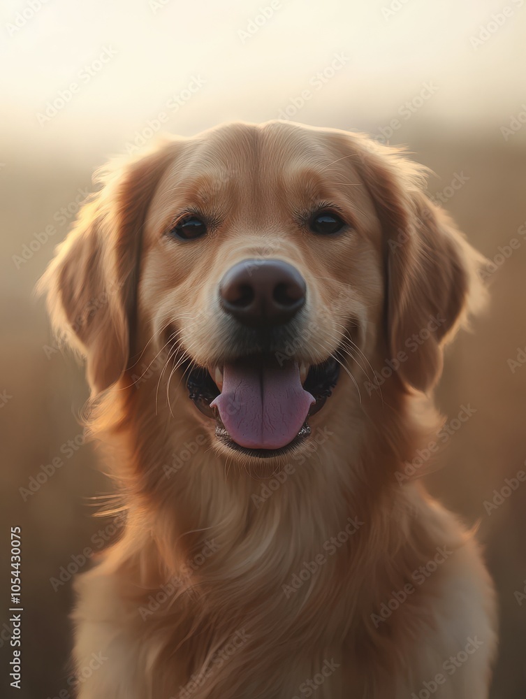 Golden retriever smiling in a grassy field during golden hour Golden retriever smiling in a grassy field during golden hour