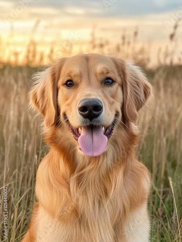 Golden retriever sitting happily in a field during sunset in autumn