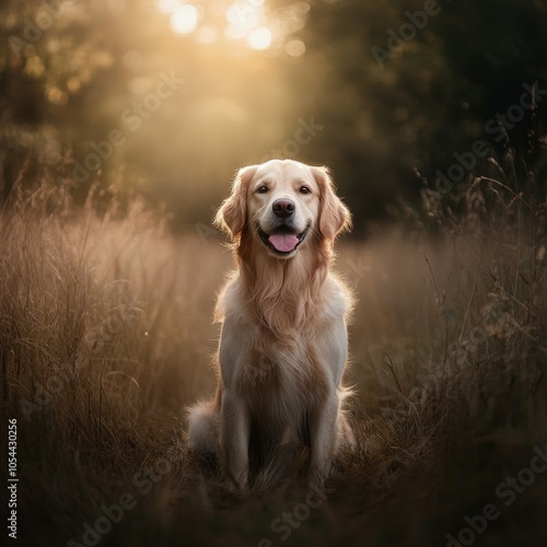 A golden retriever sitting in a sunlit meadow during golden hour