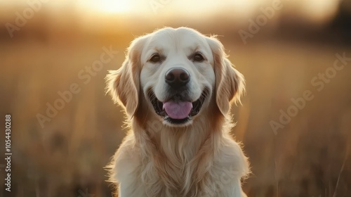 Golden retriever joyfully posing in a field at sunset