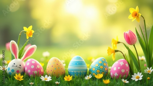 Easter background, include colorful decorated Easter eggs with bunny ears, spring flowers (tulips and daffodils). copy space in the middle, horizontal